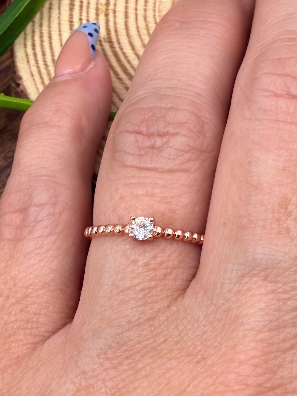 Size 7.75 Rose Gold Solitaire Beaded Band Ring - Elegant Accent